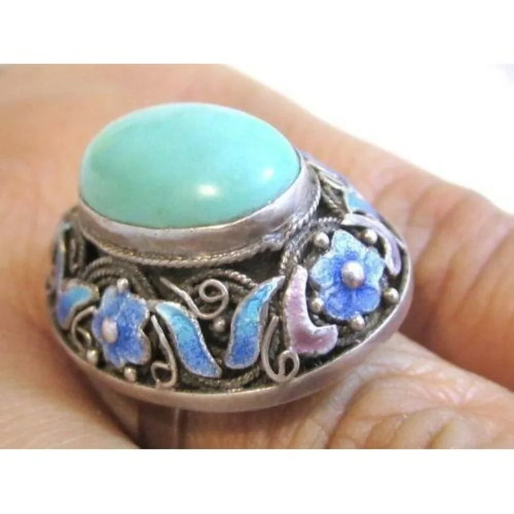 Vintage Chinese Export Enamel Flower 925 St Silver‎ Turquoise Ring*9.25